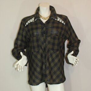 Free People Women's Olive  Black Plaid Criss Cross Cut Outs Snaps  shirt size M